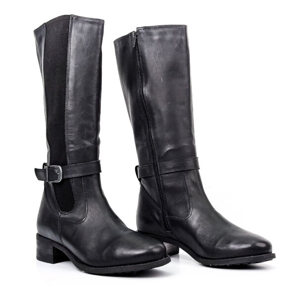 David Tate Wmn Allegria Black Leather Wide Calf Riding Stretch Tall Boots sz 8.5 - Picture 1 of 9